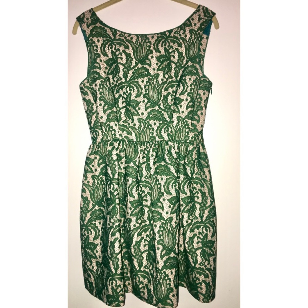 Zara baroque Lace Wool Dress high waist cocktail dress cutout green XS v back